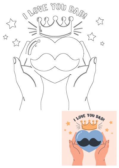 Two hands holding a blue heart with a mustache and a crown on top that says 'I Love You Dad'. Celebrate Father's Day with this heartfelt image.