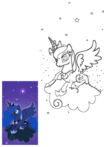 Cartoon Princess Luna from My Little Pony, surrounded by stars, resting on a cloud against a purple night sky. Detailed Luna illustration.