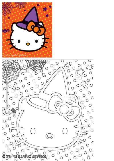 Hello Kitty celebrates Halloween with a witch hat, spider web, and playful dots. Festive and fun holiday design for all ages.