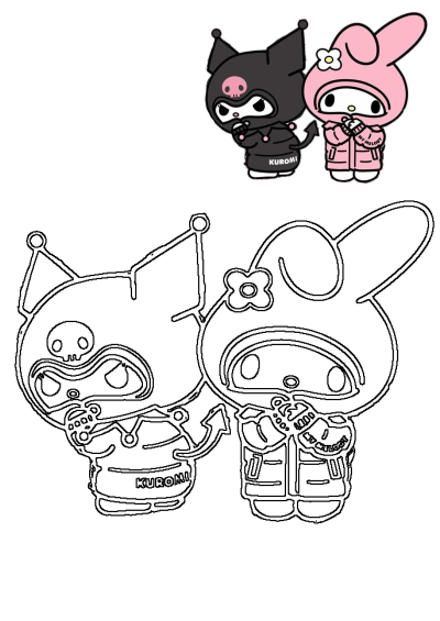 Two cartoon characters, Kuromi and My Melody, are standing next to each other. Kuromi is black and My Melody is pink.