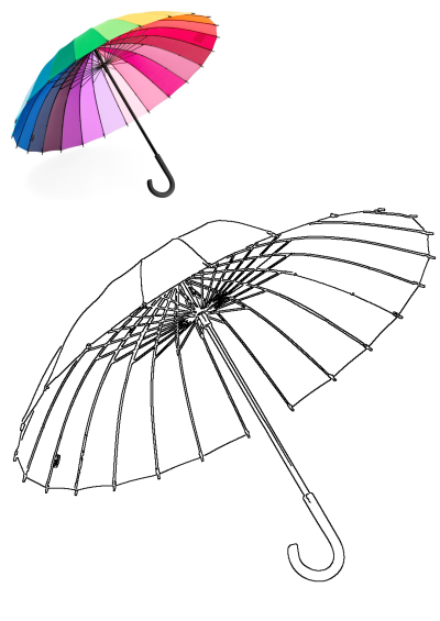 Image of an open rainbow umbrella on a crisp white background. Features vibrant colors and a classic hooked handle.