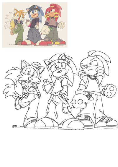 Artwork of Sonic, Tails, and Knuckles sporting cool streetwear outfits, perfect for fan art enthusiasts. Detailed drawing.