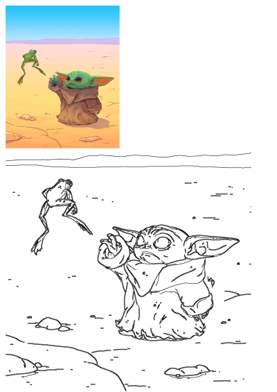 Baby Yoda in a desert scene reacts to a leaping green frog. Cute cartoon illustration of Grogu's encounter with desert wildlife.
