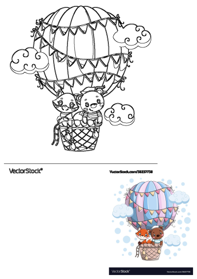 Fox and bear enjoying a ride in a colorful hot air balloon amidst fluffy clouds. A charming illustration with cute animals.
