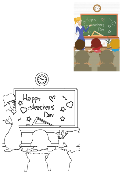 Teacher teaching children in front of a chalkboard with 'Happy Teachers' Day' written on it. Illustration of classroom scene on Teachers day.