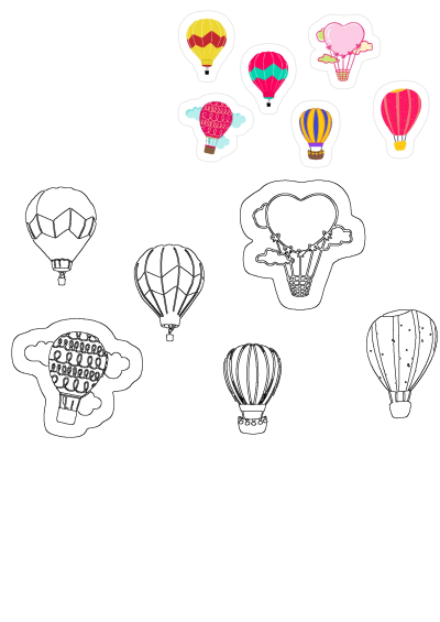 Vibrant hot air balloons stickers on a white background. Fun and playful design perfect for crafts, scrapbooking, or decorating! 
