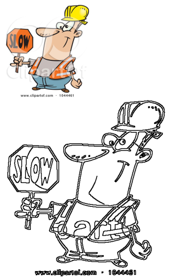 Cartoon construction worker holding a slow sign. Ideal for posters, art prints, and framed pictures for sale. Drive safe!
