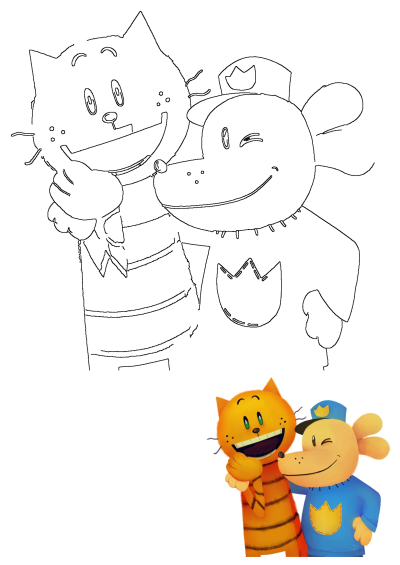 Cartoon image of two smiling cartoon characters, a cat and a dog, hugging. They are holding hands, showcasing their friendship, as described in alt text.