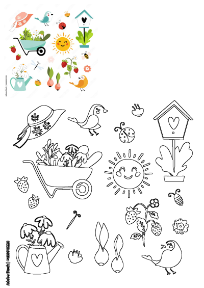 Happy spring! An assortment of plants, birds, a hat and a smiling sun on a white background. Ideal for spring-themed projects.