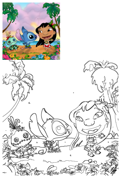 Cartoon scene of Lilo, Stitch, and Scrump on a tropical beach with palm trees. Lilo wears a hula skirt, Stitch is adorably decorated with christmas lights, and the scrump doll wearing a santa hat.