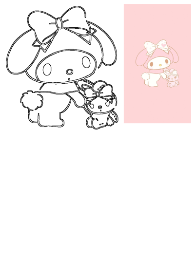 A charming image of My Melody with a pink background, holding a cute bunny plushie with matching bows. Perfect for kawaii aesthetics!