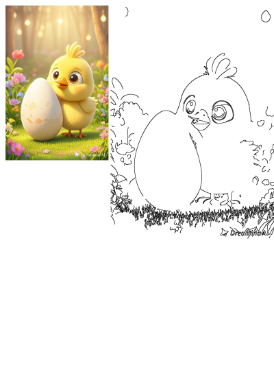 Pinterest. Adorable cartoon chick with big eyes, standing beside a cracked egg in a flowery field. Springtime, Easter theme.