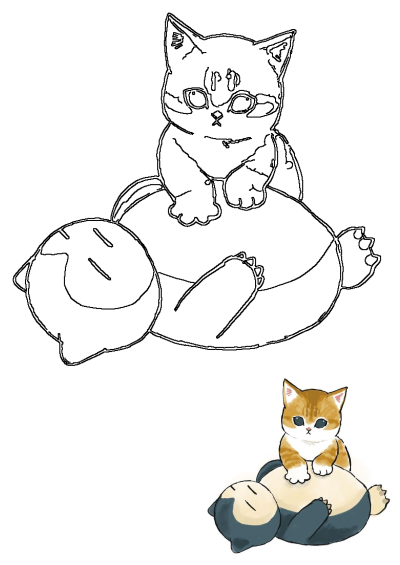 An orange and white cat with blue eyes sitting on the back of a Snorlax stuffed animal. Cute digital art of a cat and Pokemon toy.