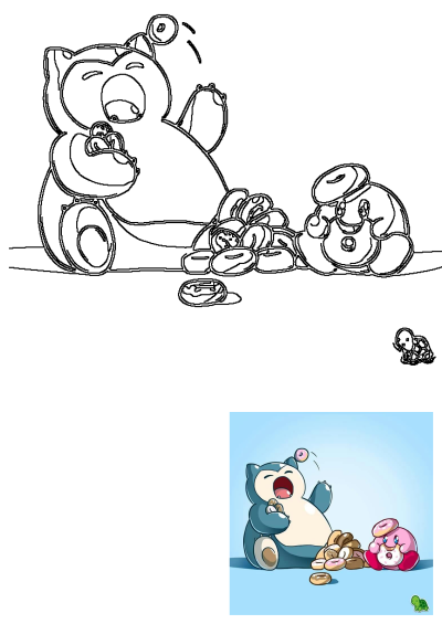 Cartoon image of Snorlax enjoying donuts with Kirby, with a pile of donuts between them. A cute cat-like creature sits on the ground.