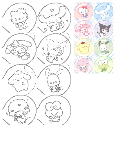 Hello Kitty stickers featuring different Sanrio cartoon characters like My Melody, Keroppi, and Pompompurin, all in colorful bubble shapes.
