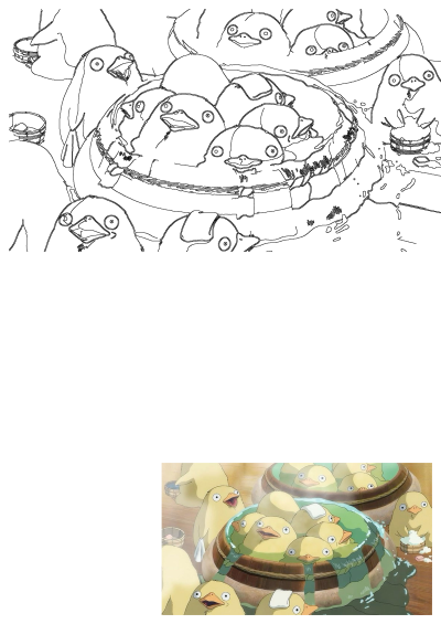 An image from Spirited Away showing a bunch of yellow bird spirits in wooden buckets at the bath house, bathing and relaxing. 