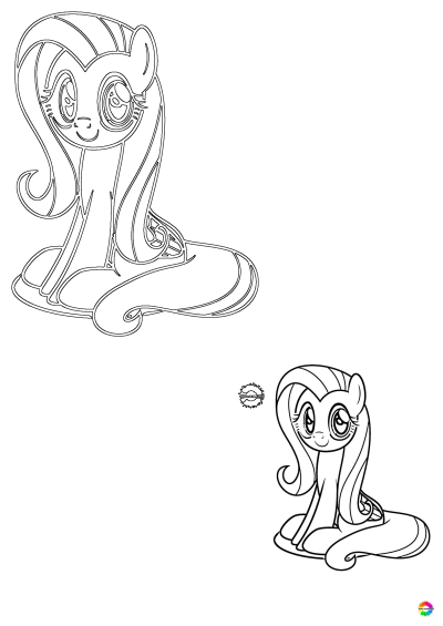 This is a coloring page of the Fluttershy pony in a sitting position. A nice activity for My Little Pony fans to print and color!