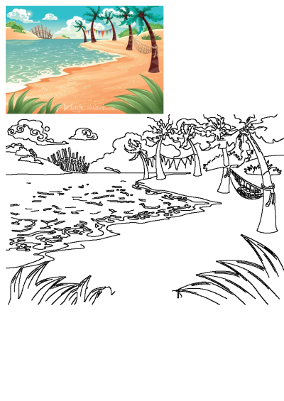 Tropical beach with palm trees and hammock in the foreground. Decorative background depicts a serene and inviting scene perfect for relaxation.