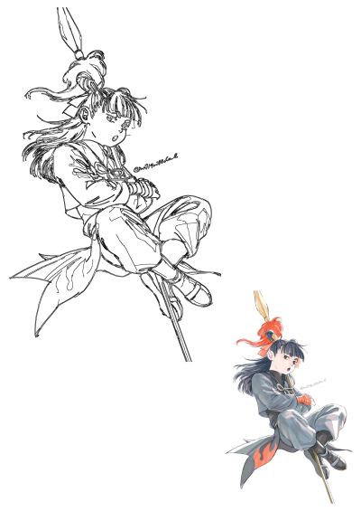 Anime character with long dark hair and orange details, sitting on the ground holding a spear. An anime character with long hair sitting on the ground