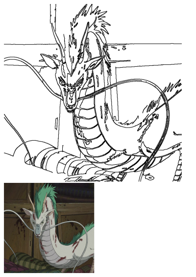 Image of Haku as a dragon from Spirited Away. This animated creature has green hair and horns and is sitting on a bed, appearing injured.