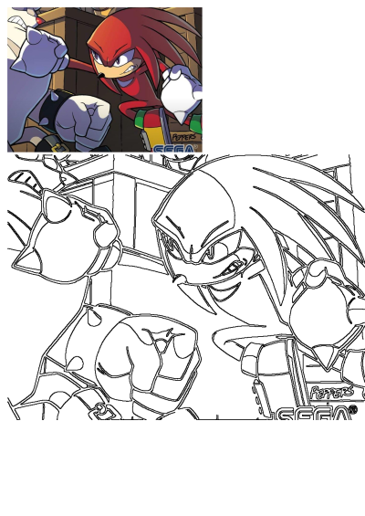 Knuckles the Echidna ready to fight, holding his fist up in front of an angry looking character. Confrontation scene with clenched fists.