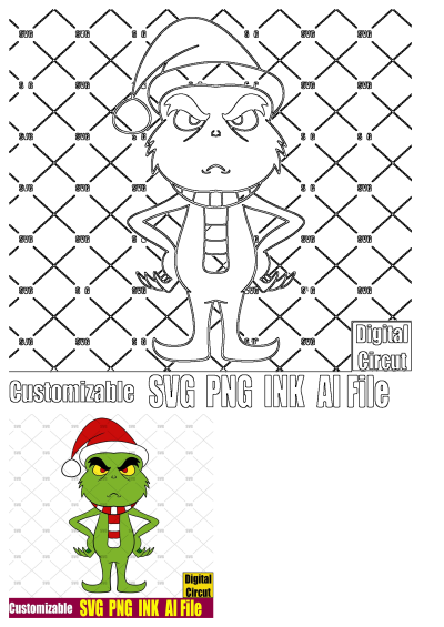 Grinch wearing a Santa hat, a vector drawing for Christmas projects. The grin face is wearing a santa hat. 