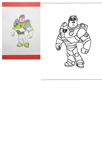 A hand-drawn illustration of Buzz Lightyear from Disney Pixar's Toy Story. This drawing showcases the iconic space ranger in his suit.