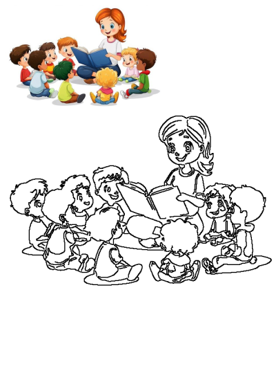 Cartoon illustration of a teacher reading a book to a group of diverse young children sitting around her, attentively listening to the story.