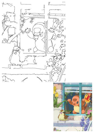 Illustration of Charmander peering out a window while Pidgey sits on the windowsill surrounded by flowers. Charming Pokemon artwork.