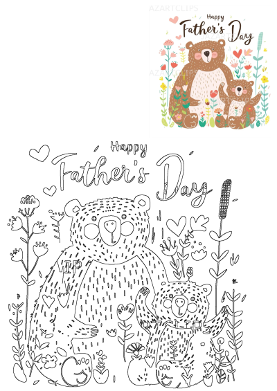 Father's Day card featuring two cute bears surrounded by colorful flowers. Sweet illustration celebrating dads and fatherhood. 