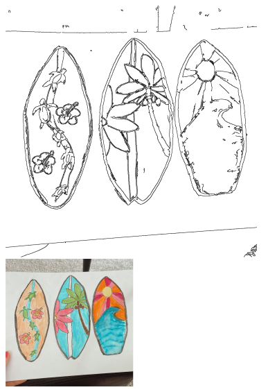 Hand-drawn image shows colorful surfboards decorated with turtles, hibiscus, a palm tree, and a sunset wave design, bringing a tropical beach vibe.