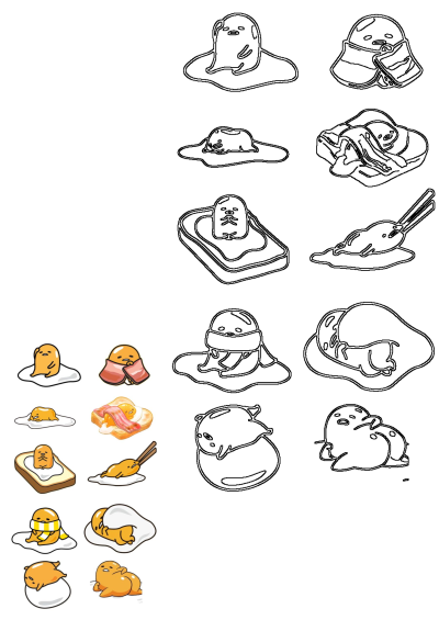 Cartoon illustration of eggs and ham featuring Gudetama. Image shows the lazy egg yolk in various poses with bacon and toast.