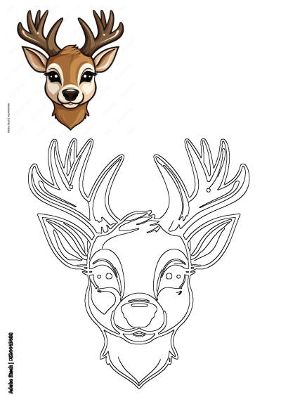 Charming cartoon deer head illustration with antlers and a friendly face, paired with a matching black-and-white outline art.