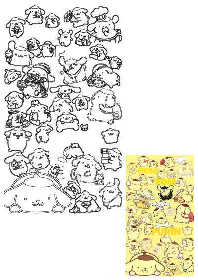 A collection of Pom Purin cartoon characters on a yellow backdrop. Cute illustrations featuring Pom Purin in various poses and outfits.