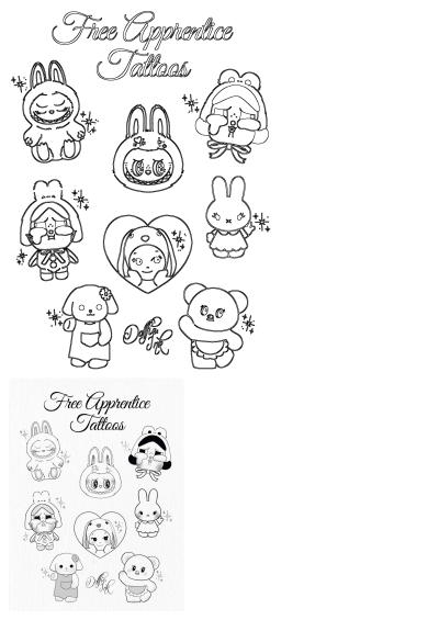 A sheet of free apprentice tattoo designs featuring cute animal characters like bunnies, a bear, and a puppy. 