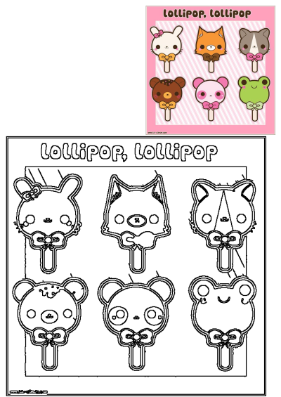 Colorful illustration of kawaii animal lollipops, featuring a cute rabbit, fox, cat, bear, panda, and frog on sticks, with bows and the text 'Lollipop, Lollipop'