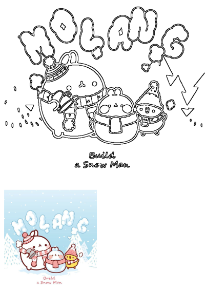 Cartoon character holding a snowman in the snow. Cute illustration of Molang and Piu Piu building a snowman in a snowy winter wonderland.