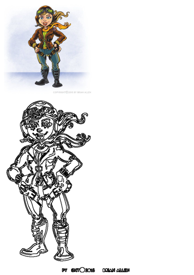 Cartoon girl dressed in pilot gear and goggles, standing with her hands on her hips. A confident aviator ready for adventure.