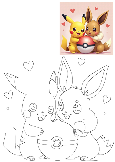 Two adorable Pokemon characters, Pikachu and Eevee, lovingly hug a Poke Ball in front of a background with hearts, expressing their affection.