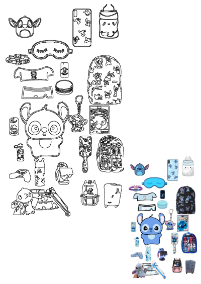 An assortment of Stitch-themed items displayed on a white background, including backpacks, cell phones, sleep mask, and plush toys. Perfect for fans.