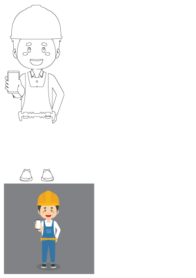 Cartoon of a man in overalls and a hard hat, holding a cell phone with a blank white screen. Construction worker using mobile technology.