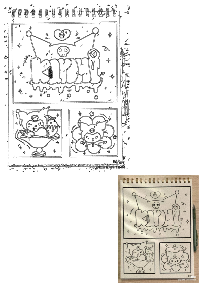 Black and white sketch of Kuromi doodles. Features Kuromi in different cute and spooky styles, perfect for Sanrio fans.