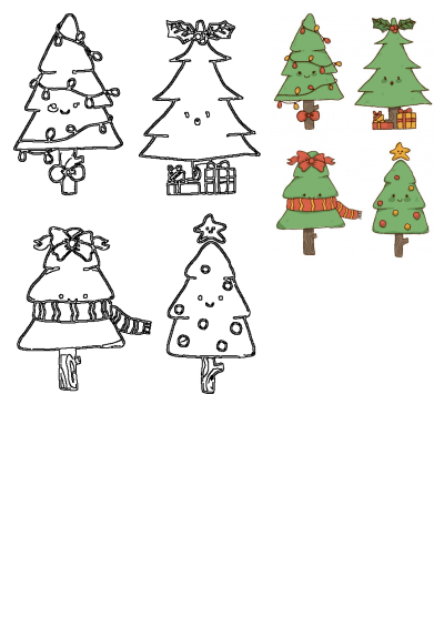 four christmas trees with bows and presents on them, all in different shapes and sizes