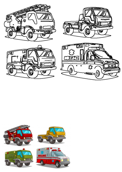 Cartoon illustration of four different types of emergency vehicles including a fire truck, ambulance, tow truck, and rescue vehicle.