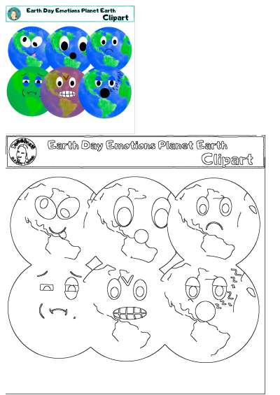 Earth Day emotions planet Earth clipart for kids and toddlers to print or color, featuring various emotional expressions.