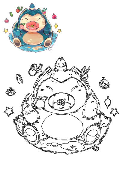 A cute cartoon of Snorlax sitting on a pile of colorful fruits, with mouth open, tongue sticking out, ready to enjoy the feast.