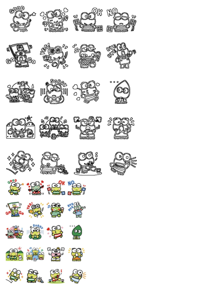 Keropi character stickers in various colors and sizes, with one being green. These animated stickers show Keropi in different moods and activities.