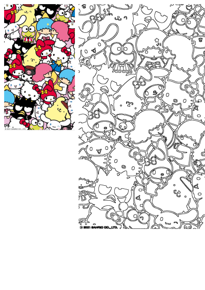 Cartoon characters in a pattern, including Hello Kitty, My Melody, Keroppi, and others, in black, white, pink, blue, and yellow.