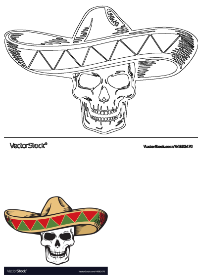 Skull wearing a sombrero illustration. Depicts a skull wearing a traditional sombrero, representing Mexican culture. 