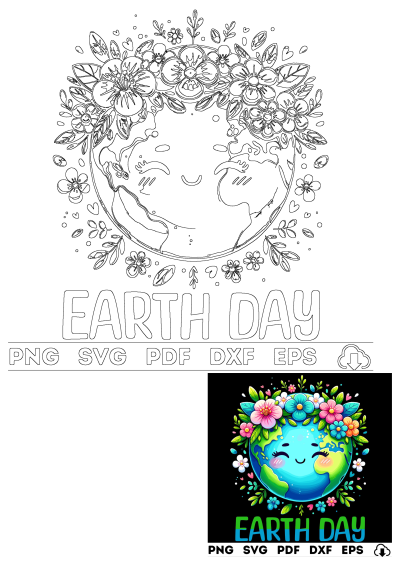 Earth Day image with a cute planet decorated with flowers, in png, svg, dxf, and eps formats. Celebrate Earth Day!